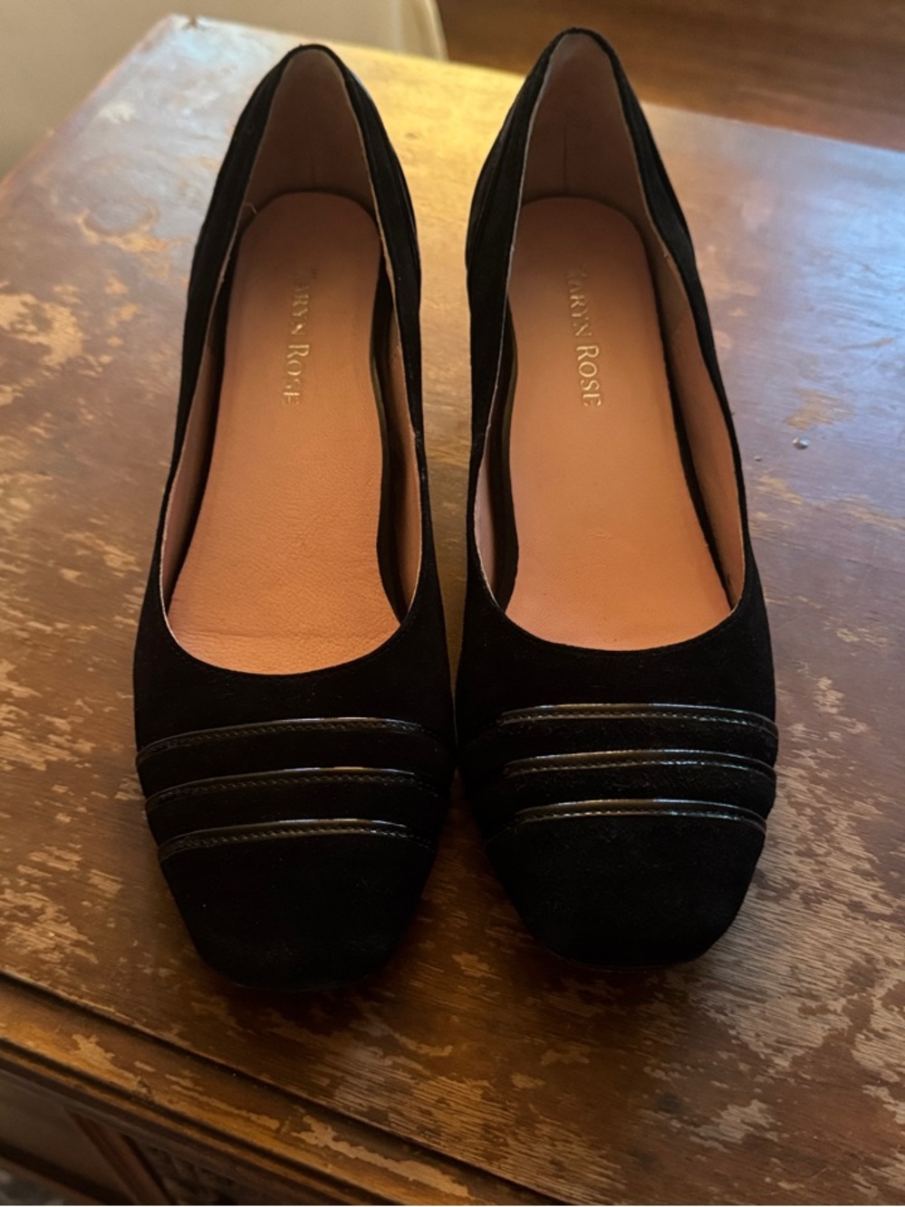 Taryn Rose Black Suede Round-Toe Pumps with Patent Detail on Toe and Back